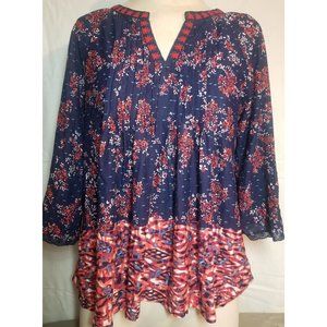Vintage America Blues women's top size large floral print V-neck pleats 25" long